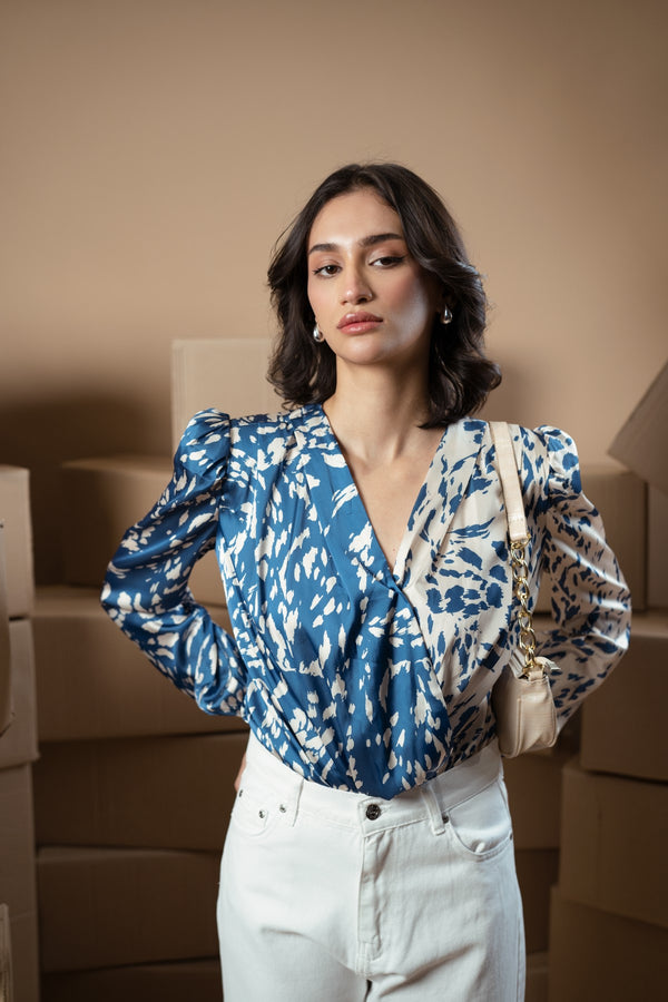 Abstract Bodysuit With Puffy Sleeves & Padded Shoulders - Licci