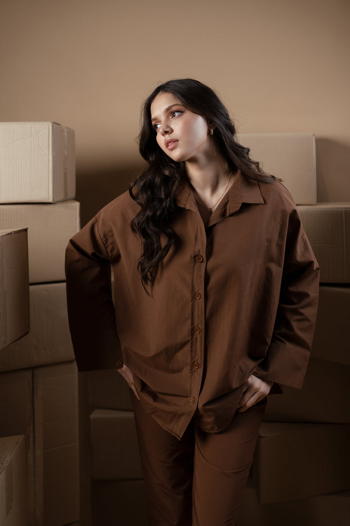 Sepia Boxy Fit Collared Button Up - Licci