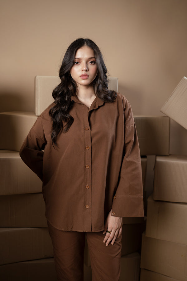 Sepia Boxy Fit Collared Button Up - Licci