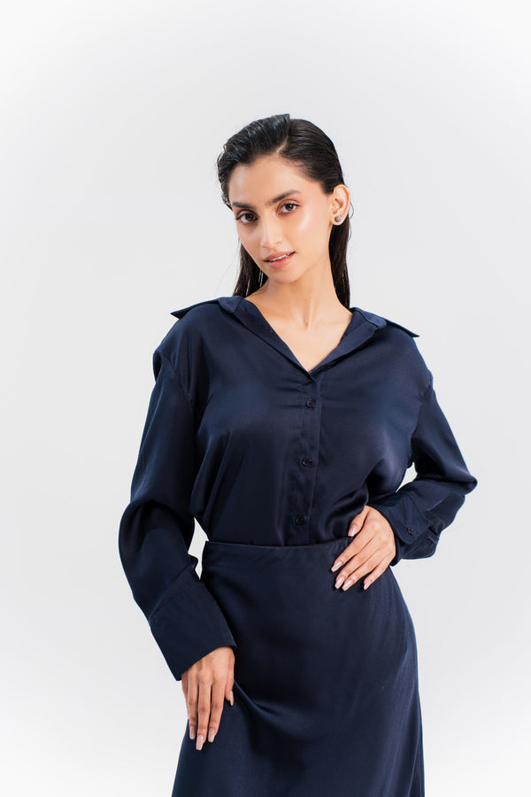 Twilight Satin Collared Button Up - Licci