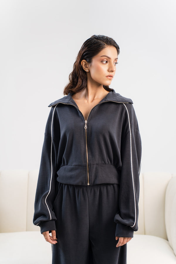 Cinder Modal Collared Zip Up With Pipping - Licci