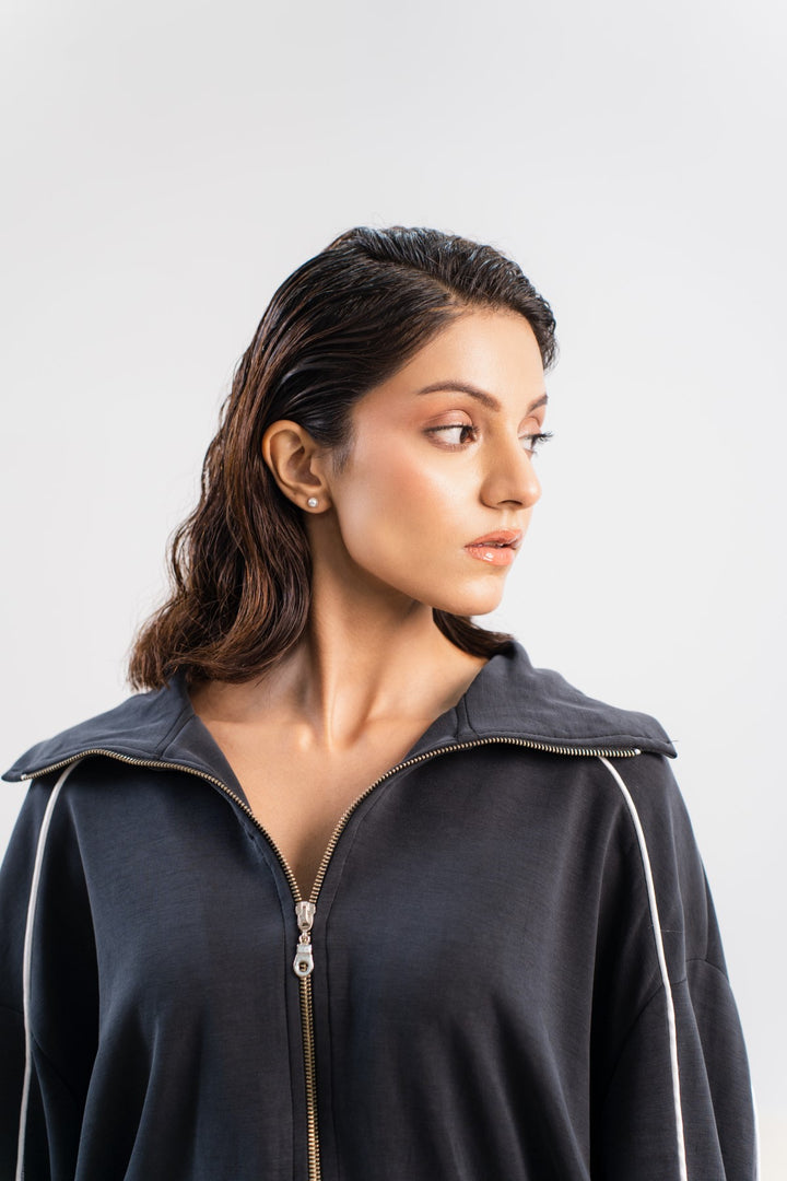 Cinder Modal Collared Zip Up With Pipping - Licci