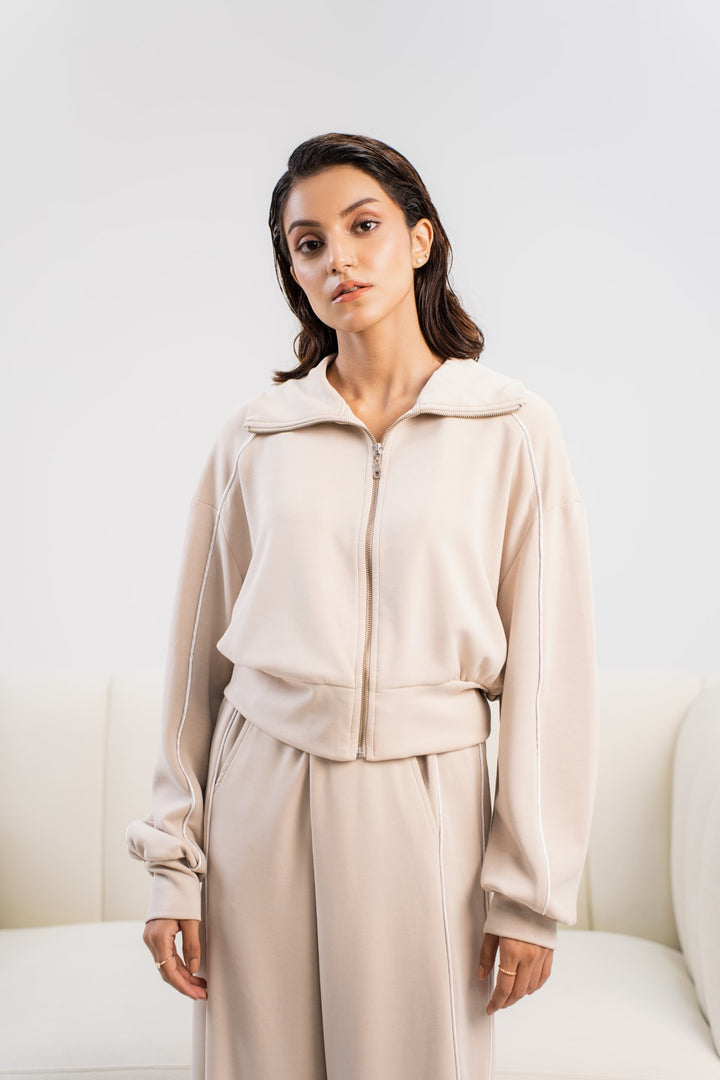 Cinder Modal Collared Zip Up With Pipping - Licci