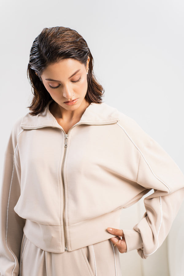 Cinder Modal Collared Zip Up With Pipping - Licci