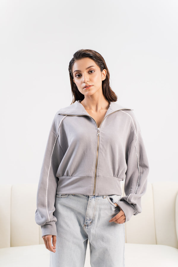 Cinder Modal Collared Zip Up With Pipping - Licci