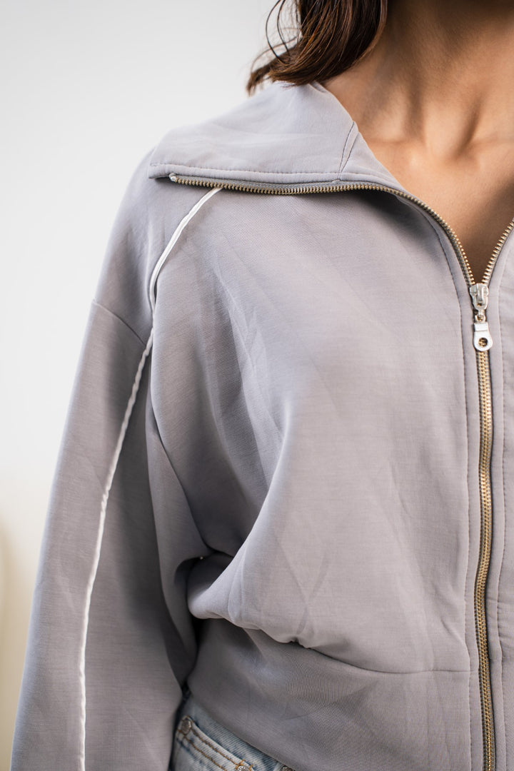 Cinder Modal Collared Zip Up With Pipping - Licci