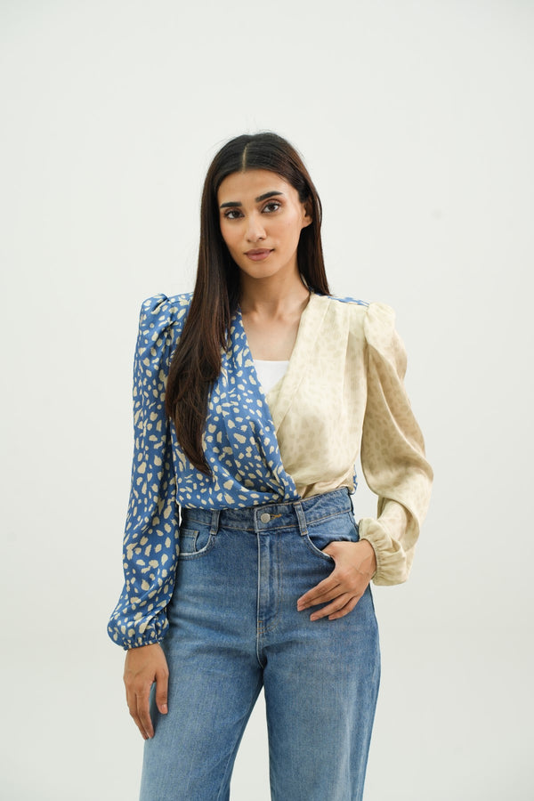 Abstract Bodysuit With Puffy Sleeves & Padded Shoulders