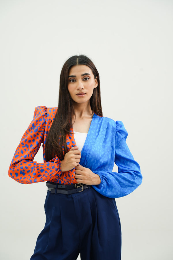 Abstract Bodysuit With Puffy Sleeves & Padded Shoulders